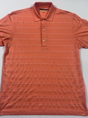 GREG NORMAN Play Dry Men’s Polo Golf Shirt, M, Orange w/White Stripes, EUC